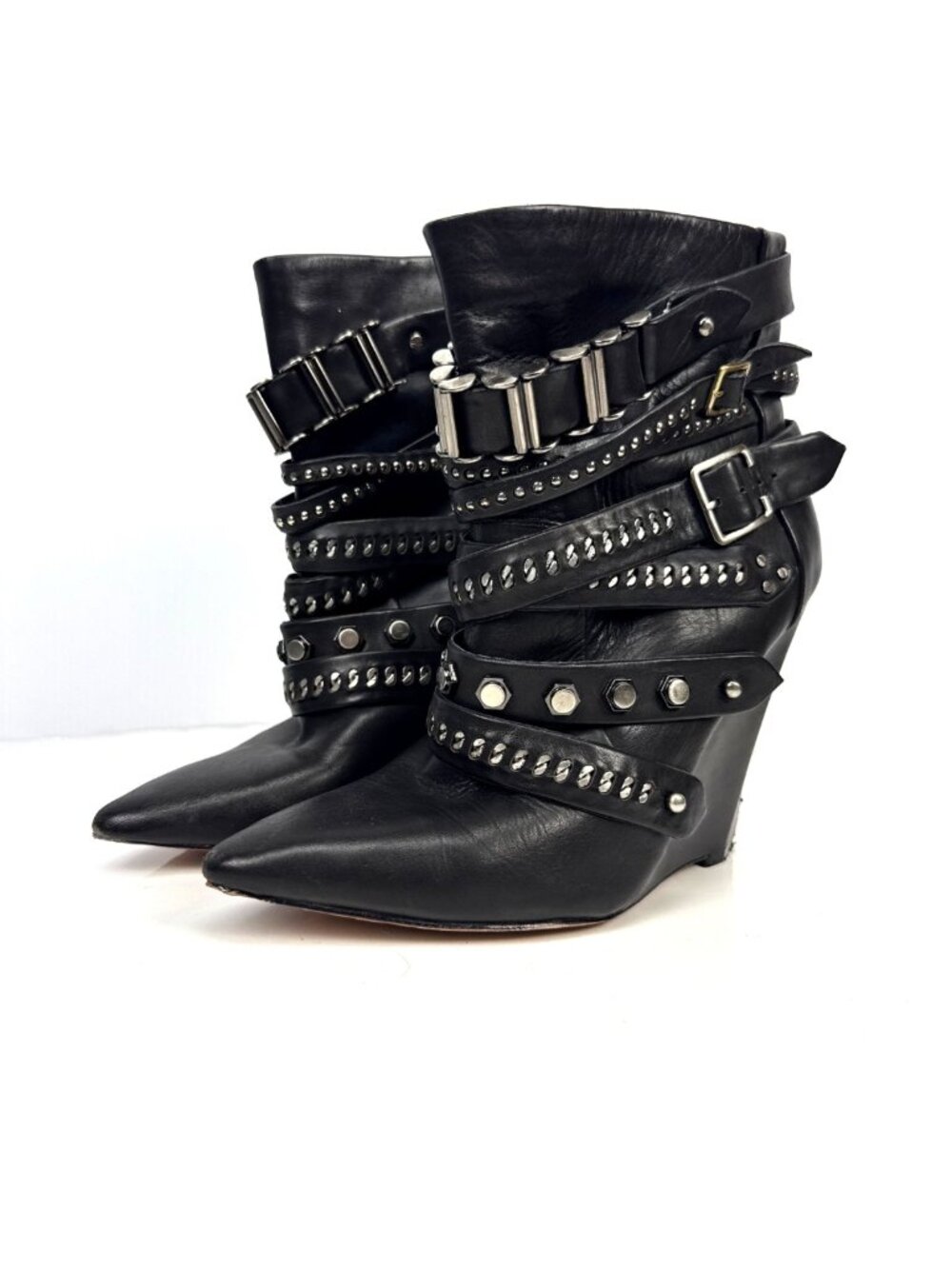 L.A.M.B. by Gwen Stefani Leather Thaker Studded Moto Wedge Ankle Boots Black 7.5 - Picture 4 of 13